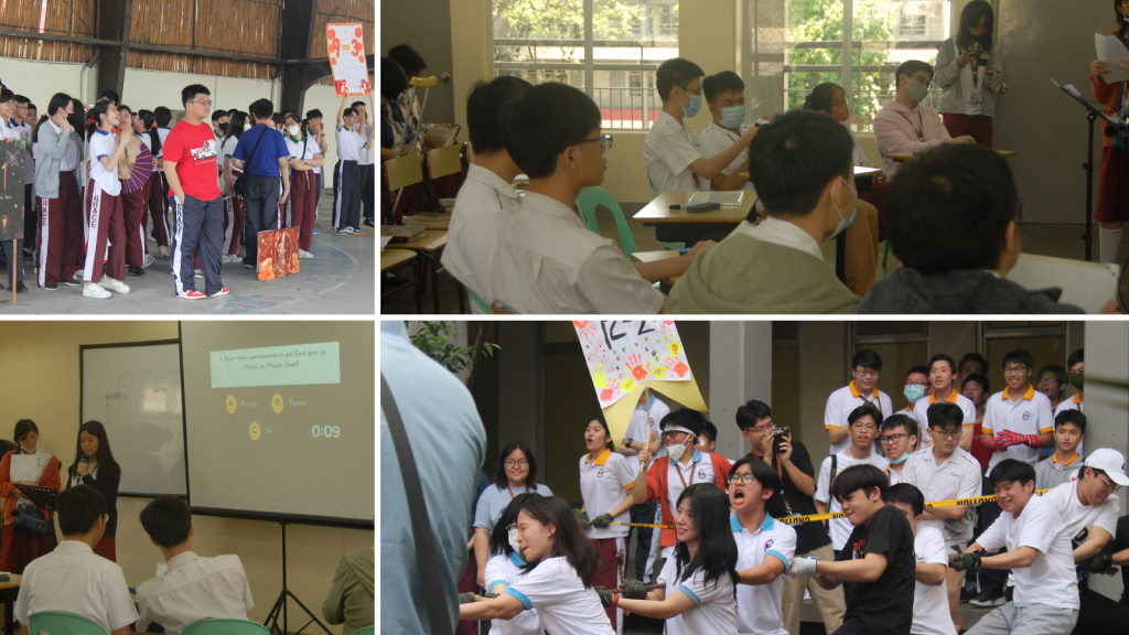 Students who compete in quiz bees and tug of war